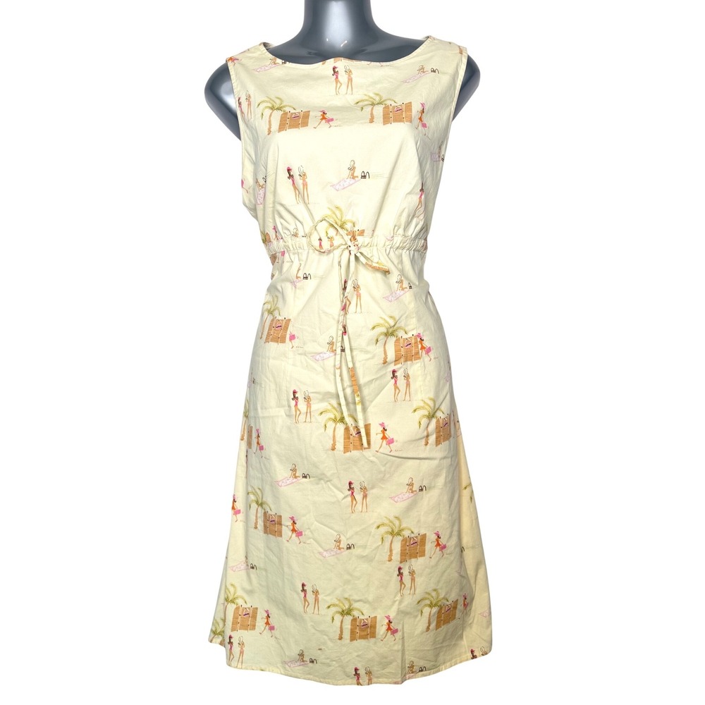 David Warren New York Beach Print Midi Dress Yellow Cotton Novelty Size 12‎